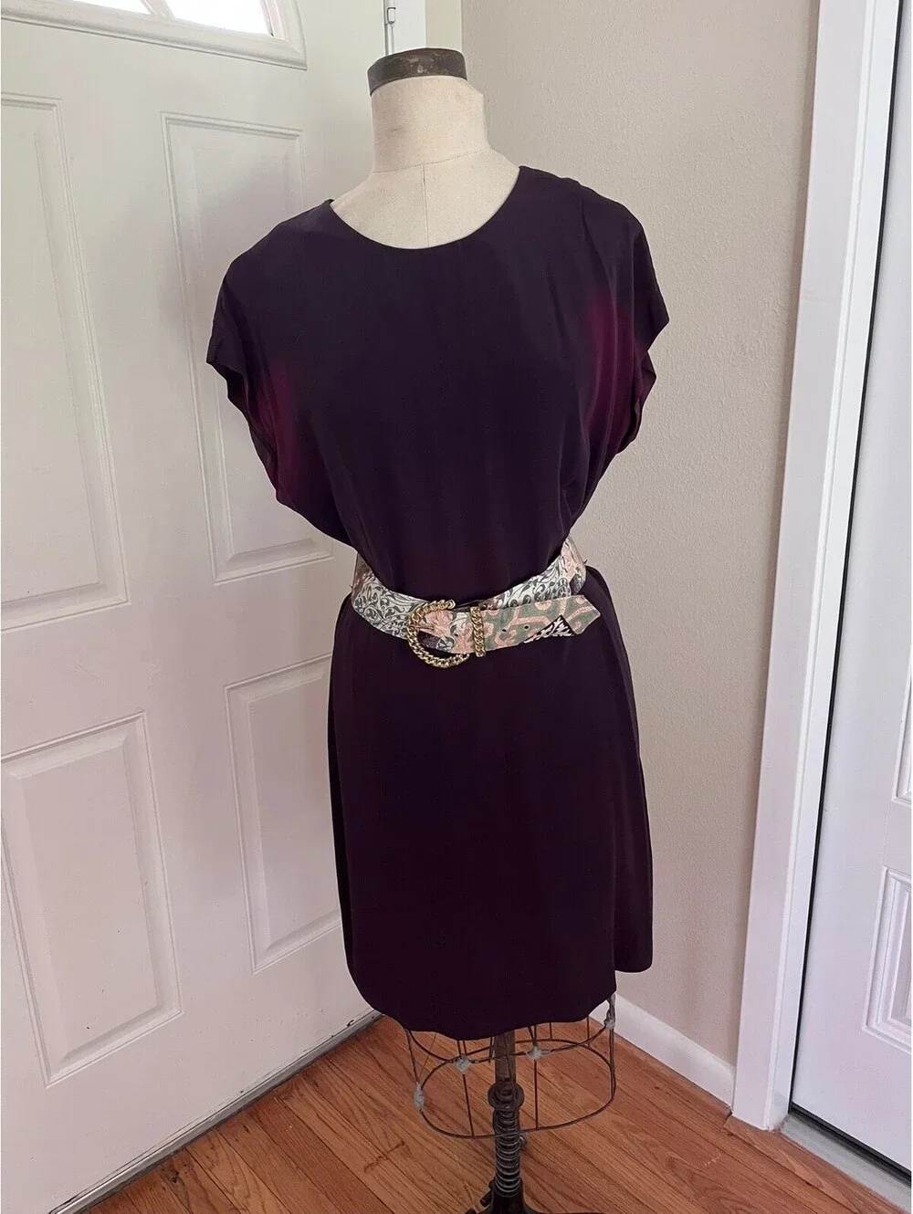 Vintage CCMC Burgundy Dress with Patterned Jacket and Belt Set